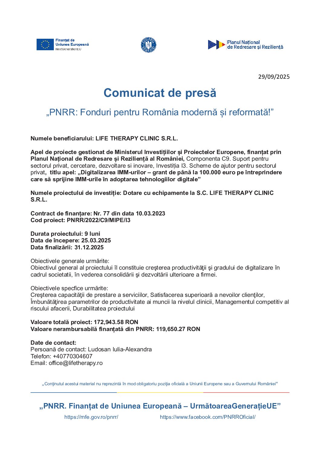 Comunicat presa proiect PNRR